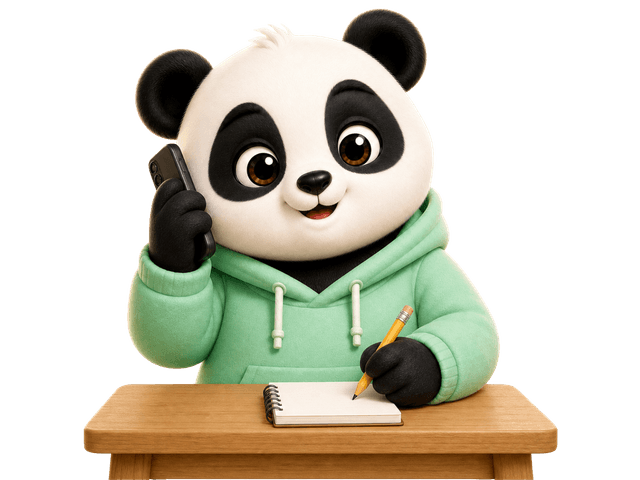 Bao, der Panda, mit einem Telefon in der Hand, bereit zu helfen