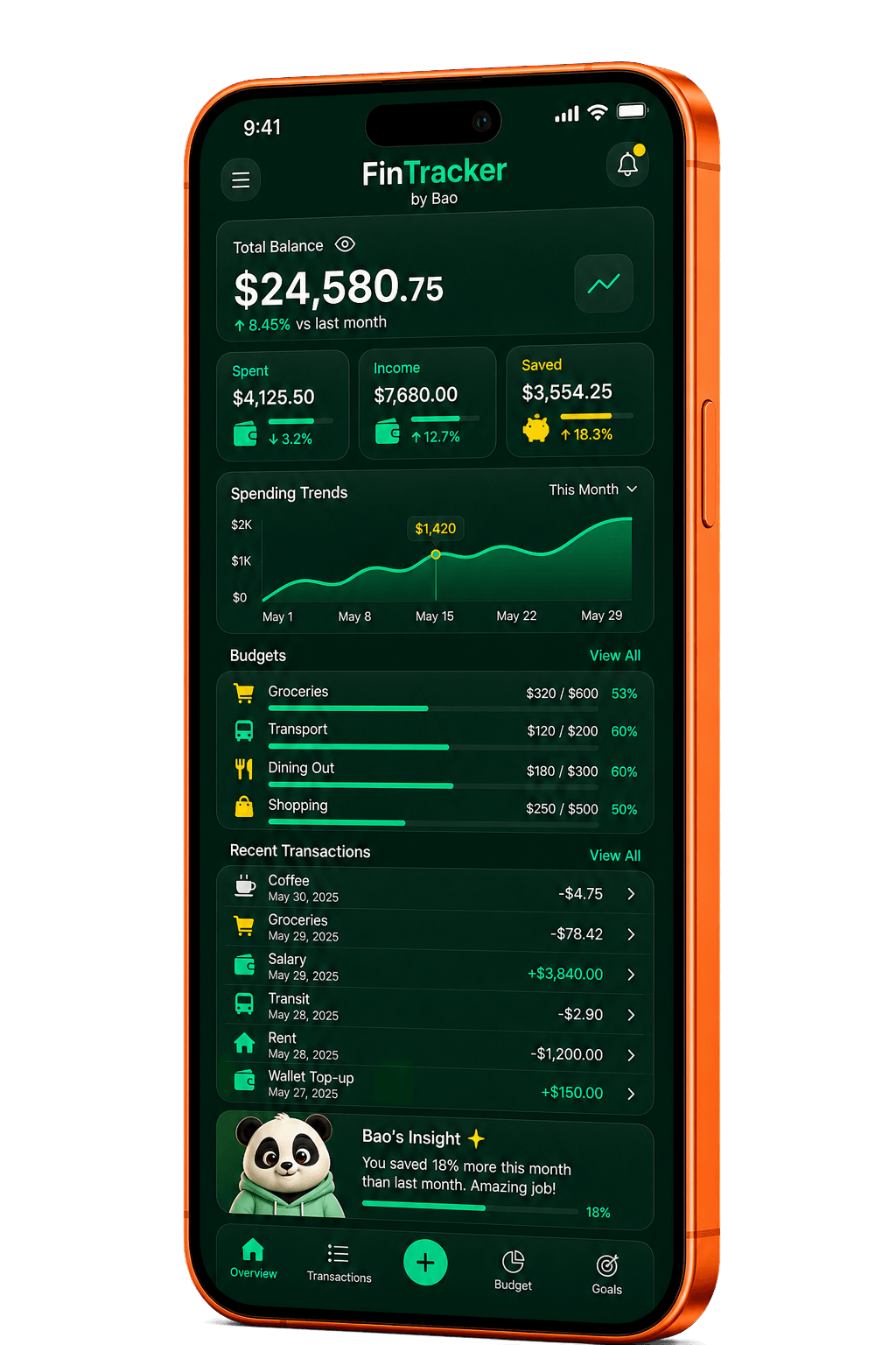 FinTracker dashboard on iPhone — spending, savings, and Bao’s chat insights